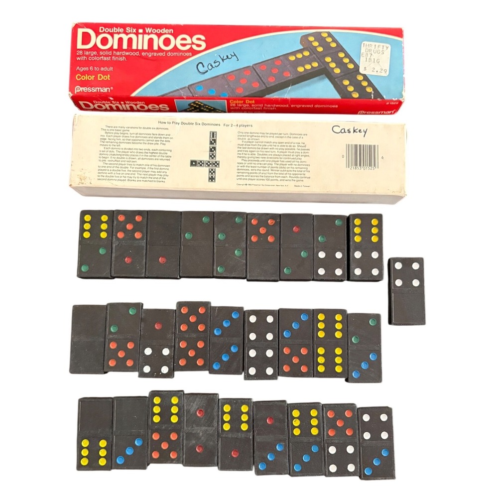 Pressman Double Six Wooden Dominoes Color Dot 28 Piece Hardwood Set 1983 Vintage